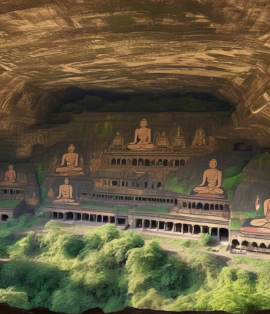 Scenic view of Ajanta Caves, a UNESCO World Heritage site showcasing ancient Buddhist rock-cut caves and murals in Maharashtra, India.