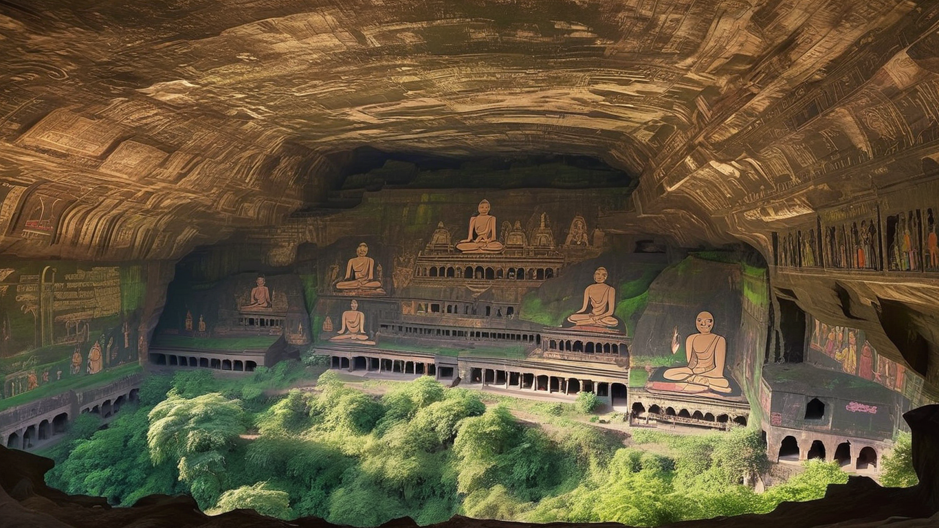 Scenic view of Ajanta Caves, a UNESCO World Heritage site showcasing ancient Buddhist rock-cut caves and murals in Maharashtra, India.