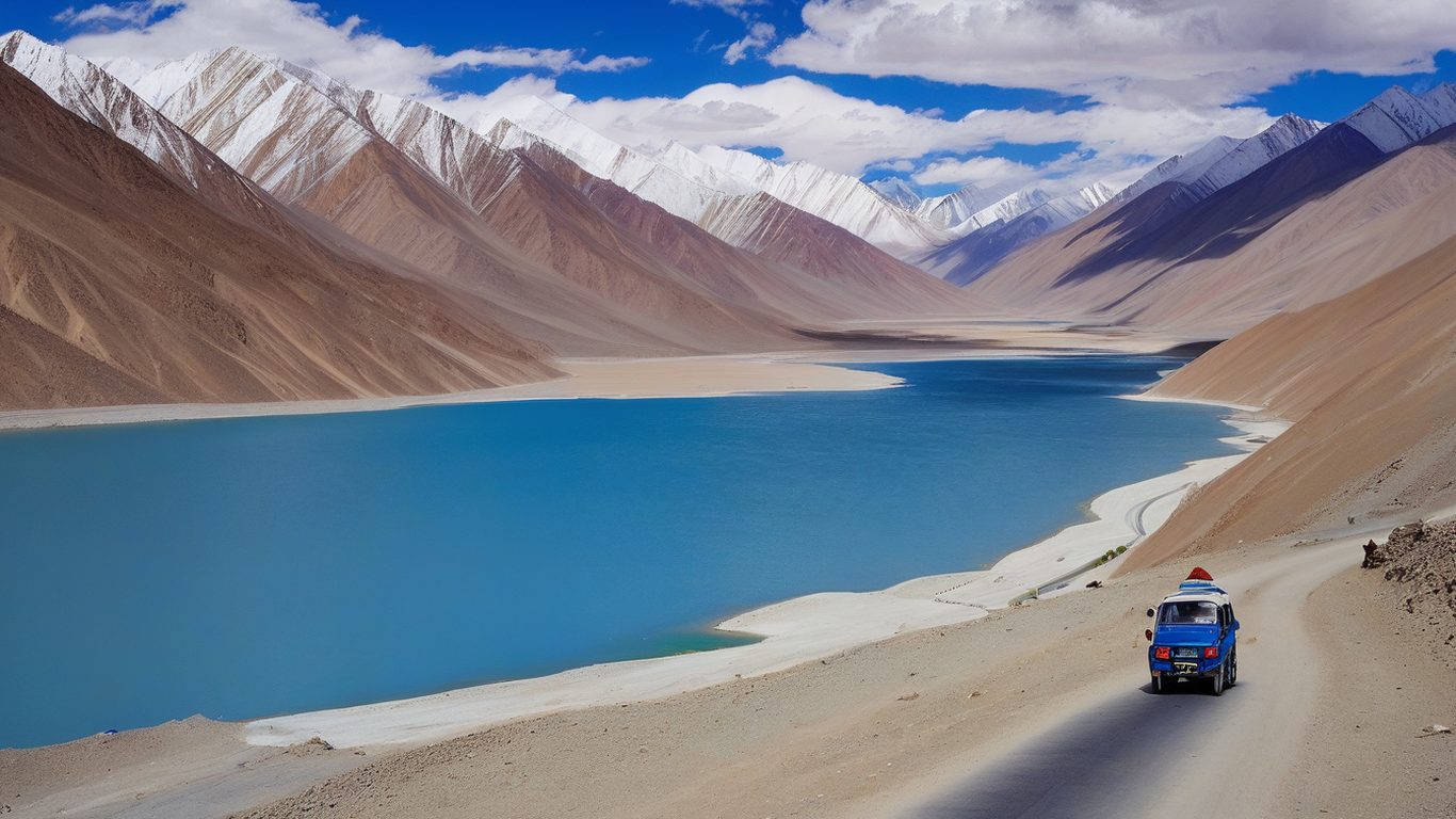 Majestic landscape of Leh Ladakh featuring snow-capped mountains, a serene lake, and a winding road.
