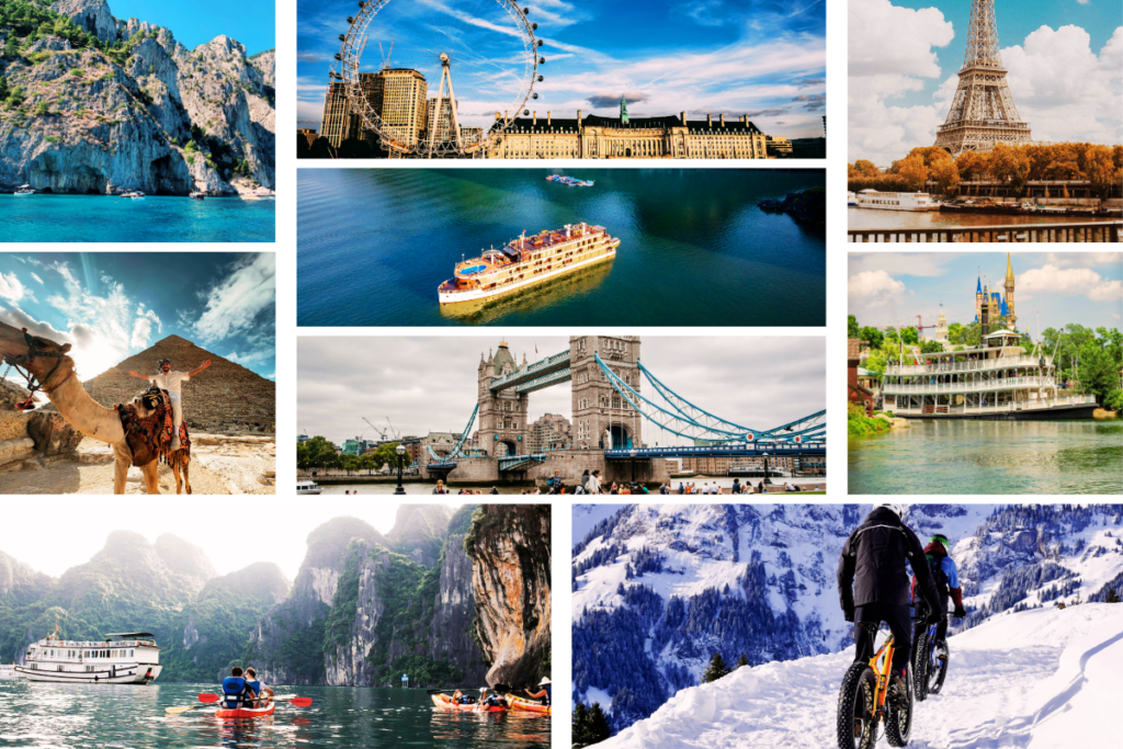A collage of popular world travel destinations, including the Eiffel Tower, Great Wall of China, Statue of Liberty, Sydney Opera House, and tropical beaches.